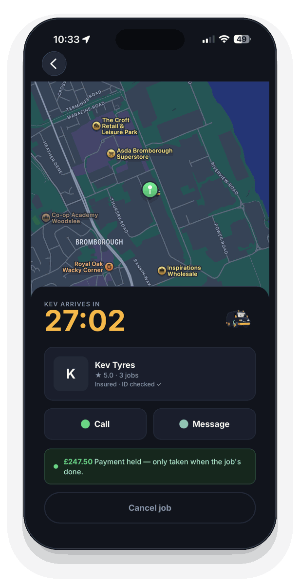 TyreGo live tracking — Kev arrives in 27 minutes